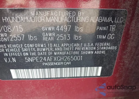 2016 Hyundai Sonata Se/Sport from USA, damaged, VIN 5NPE24AFXGHGH2650